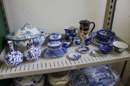 A pair of Minton blue and white Japanesque twin handled vases and various other blue and white and