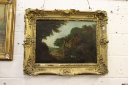 19th century English school A Young Boy with a Dog on a Wooded Path with a Cottage oil on canvas, in