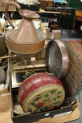 A copper gallon measure, and Indian drum and other items.