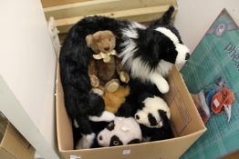 A modern Steiff collector's Teddy Bear, a similar Panda Bear and other soft toys.