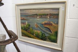 L. Davens Boats Sailing in a Coastal Inlet with a Town Beyond oil on canvas.