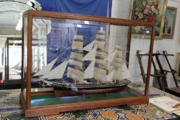 A very good large model sailing ship in a purpose built mahogany framed display cabinet, complete