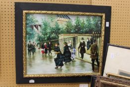 A colourful street scene with figures, oil on board.