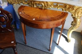 A good Sheraton revival inlaid satinwood and mahogany demi-lune foldover tea table.