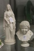 A Parian style bust of a young child together with a similar figure of a young lady.