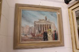 R. Fowler Elegant Figures Promenading Beside a Horse and Carriage with Classical Buildings oil on