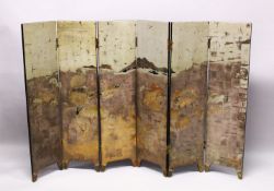A SIX FOLD WOOD AND POLY CHROME DECORATED SIX FOLD SCREEN ATTRIBUTED TO NGUYEN VAN MINH, the
