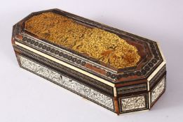 AN 18TH CENTURY INDIAN GOA INLAID IVORY LIDDED BOX, the box with a top ivory inlaid slither carved