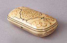 A VERY FINE CAUCASIAN WALRUS IVORY TOBACCO BOX, with silver and gold wire work inlaid decoration