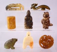 A MIXED LOT OF EIGHT CARVED CHINESE JADE ITEMS, consisting of: A carved jade chilong belt hook, 9cm,