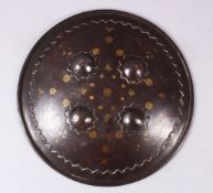 A 19TH CENTURY INDIAN INLAID SILVER & GOLD STEEL SHIELD, with four raised stud bosses, inlaid with