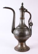 A LARGE 19TH ISRAEL TINNED COPPER EWER, with floral carved decoration and other chased design,