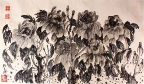 A CHINESE PAINTING OF FLORAL DECORATION - HUANG ZHOU - the scroll section painted with inkwork /