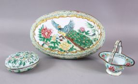 MIXED LOT OF THREE CHINESE ENAMEL PIECES, one larger peacock box and cover, 27cm, one smaller