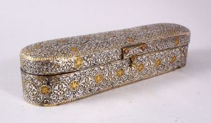 A GOOD TIMURID INLAID GOLD AND SILVER QUALAMDAN / PEN BOX, the lidded box opening on two hinges,