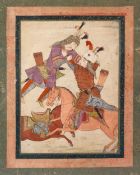 A ISLAMIC / PERSIAN MINIATURE PAINTING OF TWO WARRIORS - both depicted upon horseback, signed lower,