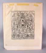 A TIBETAN PAPER THANKA RUBBING / BLOCK PRINT OF BUDDHA, depicting seated buddhas, taped to card,