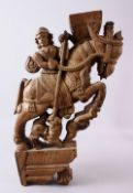 A LARGE 19TH CENTURY INDIAN HARDWOOD CARVING - carved to depict a figure upon horseback, the horse