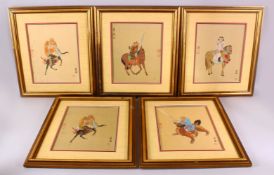 5 CHINESE PAINTED TEXTILE IMMORTAL FIGURES UPON ANIMALS, each framed painting depicting an