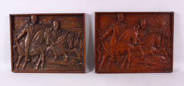 A PAIR OF TURKISH OTTOMAN CARVED WOODEN PANELS, EACH CARVED TO DEPICT SCENES OF MEN UPON HORSES,