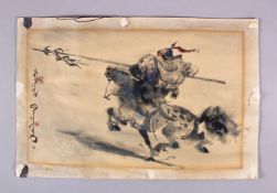 A CHINESE PAINTING ON PAPER - WARRIOR ON HORSEBACK, the painting depicting a warrior in battle