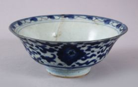 A CHINESE MING BLUE & WHITE PORCELAIN BOWL, decorated with underglaze blue lotus design, the base