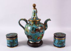 A 19TH CENTURY CHINESE CLOISONNE EWER & TWO LIDDED TEA CADDIES, the ewer decorated with a blue