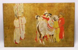 A LARGE AND IMPRESSIVE VIETNAMESE PAINTED PANEL OF A WEDDING SCENE ATTRIBUTED TO NGUYEN VAN MINH ,