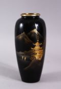 A JAPANESE BRONZE LANDSCAPE SIGNED VASE, the bronze blackened and carved with landscape