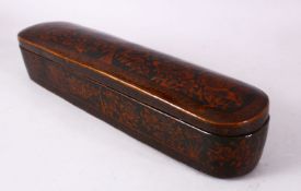A FINE LARGE 19TH CENTURY PERSIAN QAJAR LACQUERED PAPIER MACHE PEN BOX (QALAMDAN), painted all