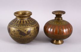 TWO 18TH CENTURY SOUTH INDIAN COPPER & BRASS MOULDED LOTA VASES, 11.5CM & 10.5CM.