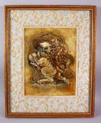 A GOOD CHINESE FRAMED OIL PAINTING OF A LION / FOO DOG, the dog in an upright position with its