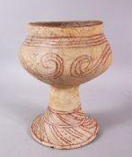 AN EARLY THAI BAN CHIANG POTTERY PEDESTAL VASE, with orange swirling motif, 19.5cm high x 15cm