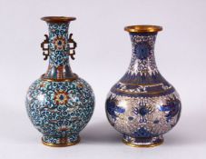 TWO CHINESE CLOISONNE VASES, the first with a white / beige ground with decoration of dragons and