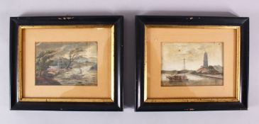 A PAIR OF 19TH CENTURY CHINESE NAUTICAL THEME PAINTING ON RICE PAPER, each depicting a ships in a