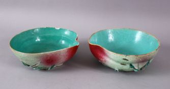A PAIR OF CHINESE TURQUOISE GLAZED PEACH FORMED DISHES, each with relief vine and a graduating