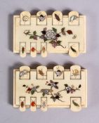 A PAIR OF JAPANESE MEIJI PERIOD SHIBAYAMA IVORY GAMES COUNTERS, each inlaid with semi precious