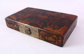 A GOOD CHINESE LACQUER LIDDED BOX - with raised decoration depicting native figural landscape
