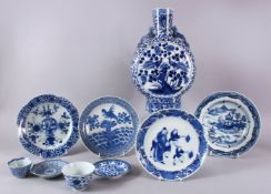 A 19TH CENTURY CHINESE BLUE AND WHITE PILGRIM VASE, and eight other blue and white pieces.