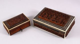TWO INDIAN / BURMESE CARVED WOOD & MICRO MOSAIC LIDDED BOXES, each with carved wooden sections and