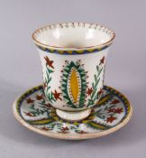 18TH CENTURY TURKISH KUTHAYA POTTERY CUP AND SAUCER, decorated with panel floral motifs, 11cm high x
