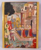 A 19TH CENTURY INDIAN PAINTING ON CARDBOARD - depicting princes before princess in a garden setting,