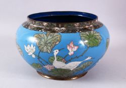 A JAPANESE MEIJI PERIOD CLOISONNE JARDINIERE / BOWL, the blue ground with display of cranes and