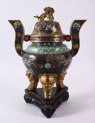 A 19TH / 20TH CENTURY CHINESE CLOISONNE TRIPOD TIN HANDLE CENSER, COVER & STAND - the body with a