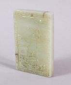 A CHINESE CARVED JADE CALLIGIRAPHIC WATERSIDE LANDSCAPE PENDANT, one side depicting a waterside