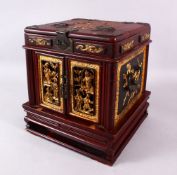 A 19TH/20TH CENTURY CHINESE GILT WOOD MAKE UP BOX, the top with opening mirror lid, the doors