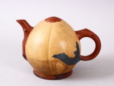 A CHINESE YIXING CLAY GOURD FORMED TEAPOT, with poly chrome decoration, the base with an impressed