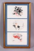 A CHINESE FRAMED PAINTED TRIO, depicting fruit, figure on horseback, and flora, each sealed and