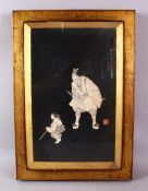 A JAPANESE MEIJI IVORY, BONE AND MOTHER OF PEARL PANEL, depicting a samurai and boy apprentice,