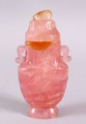A CHINESE CARVED ROSE QUARTZ VASE & COVER, carved with duck and lotus decoration, twin carved